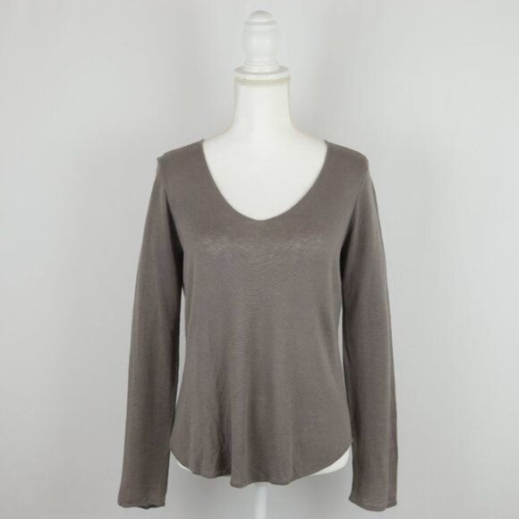 Vince Women's Small Gray Linen Blend V-Neck Lightweight Tight Knit Sweater